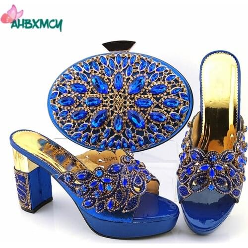 Pretty Women Shoes and Bag Set in Royal Blue Color Slingbacks Slipper with Platform Decorate with Rhinestone Nigeiran Shoes