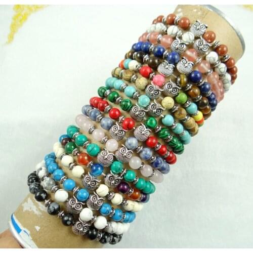 Fashion 8MM Natural Stone Bracelets For Women Men Tiger Eyes Agates Silver owl Beaded Bracelets Free Shipping