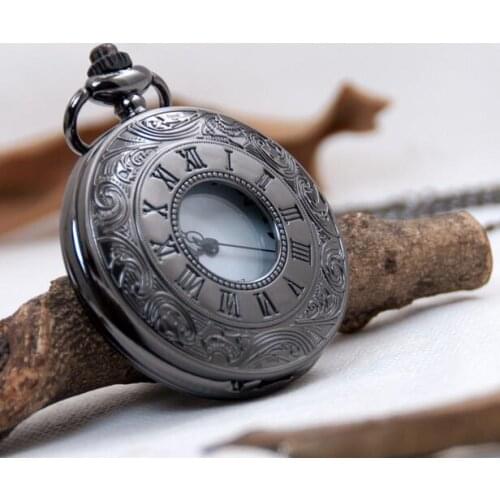 Vintage black Hollow out Roman numerals and Arabic numeral pendant men and woman Necklace pocket watches gift PO986
