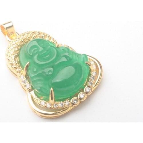 28X23MM New Stone Imitation Green Jades Carved Buddha Inlaid Rhinestone Amulet Buddhist Pendant 1PCS