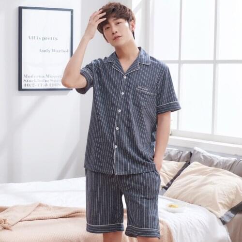 New Summer Men Pajama Sets 100% Cotton Male Short Sleeve Striped Pajama For Men Sleepwear Homewear Big Size L-XXXL