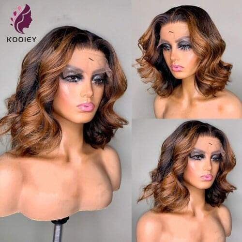 Ombre Lace Human Hair Wig Brazilian Blonde Brown Highlight Short Wave Bob Wig 13x6x1 Lace Human Hair Wig Remy Hair Pre Plucked