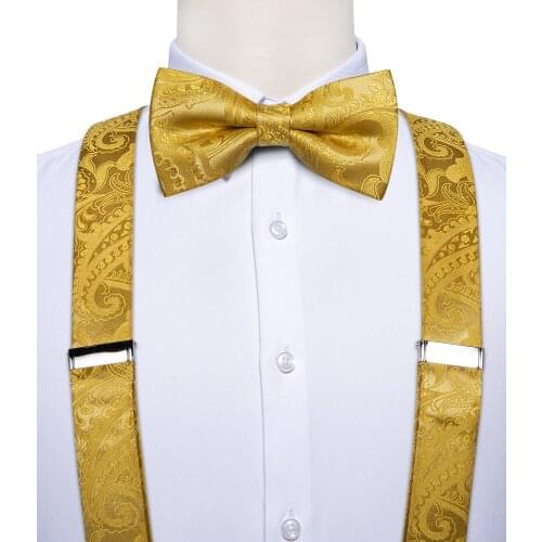 Luxury Yellow Mens Suspenders Silk Elastic 6 Clips Braces Wedding Party Accessories Men Y-back Suspenders Bow Tie Set DiBanGu