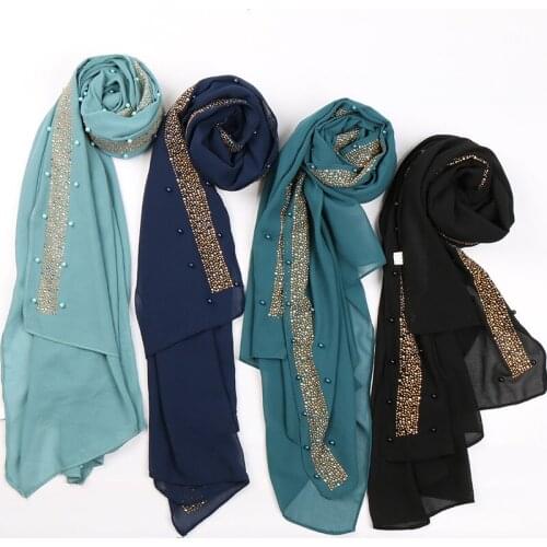 Fashion Bubble Chiffon Beads Hijabs Scarf Glitter Plain Shawls Muslim Pashmina Scarves Head Wraps Pearls Headband 1PC Retail
