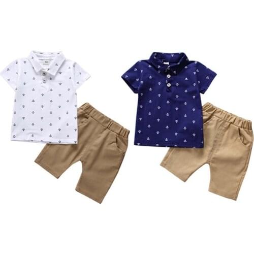 Infant Kids Set Boy Print Turn-down Collar Short Sleeve Tops + Solid Shorts 2PCS Outfit Baby Summer Kids Clothes