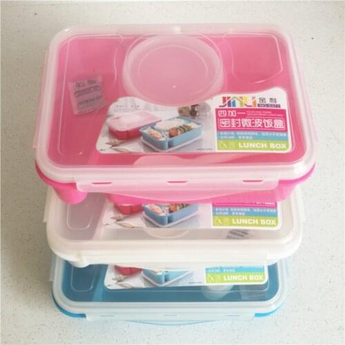 High Quality Bento Lunch Box Fully Sealed Food 4-compartment Bento Box Soup Bowl With Plastic Scoop Pratos Microwave Meal(099)