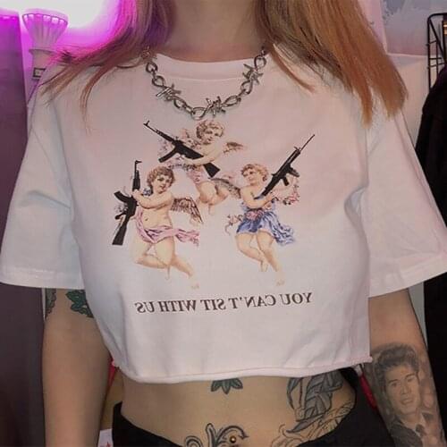 Women’s Causal Short Sleeve T-shirt Fashion Angel Letter Print Round Neck Exposed Navel Tops