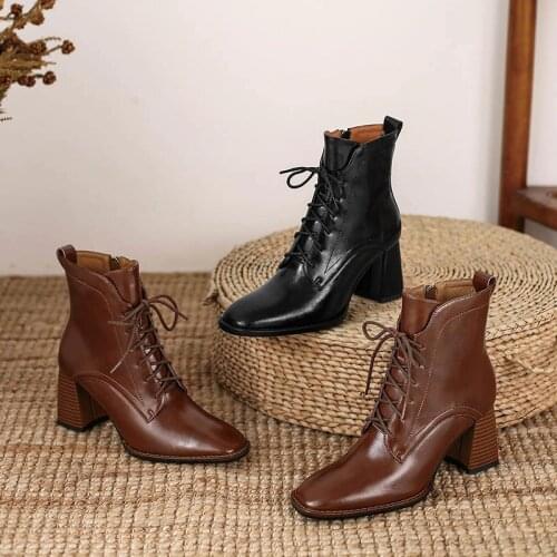 Mordoan Cowhide high heel womens shoes leather ankle boots 2020 autumn and winter new lace up thick heel ankle boots women