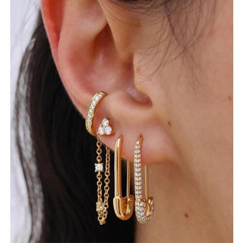 Safety Pin Studs Earrings for Women Gothic Fashion White Crystal Cubic Zirconia Female Korean Jewelry Ear Cuff Accessories F393W