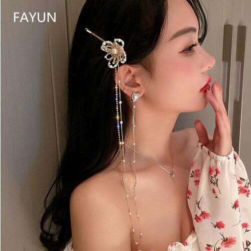 FYUAN Flower Crystal Clip Earrings for Women Long Tassel Rhinestone Pearl Earrings Statement Jewelry Accessories