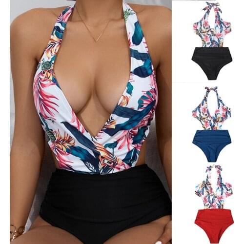 2021 Women One-piece Swimsuit Deep V Halter Neck Beach Bikini Padded Bathing Suit with Plants Printed for Summer NOV99