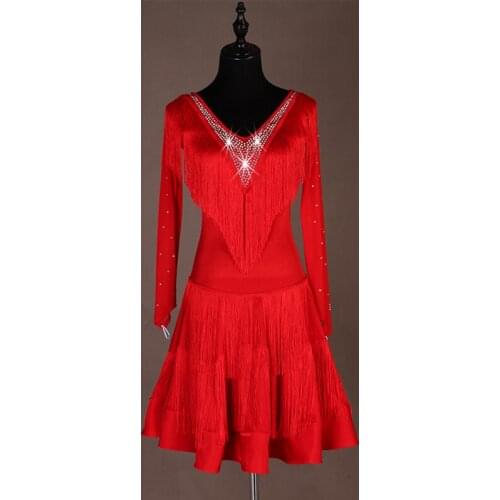 Professional Latin Dance Competition Dress WomenS Sexy Red Tassel Rhinestone Long Sleeve Dresses Female Ballroom Clothes DL3923