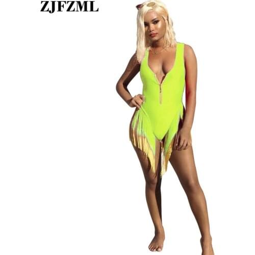 Gradient Tassels Sexy Beach Bodysuit Women Deep V Neck Sleeveless Skinny One Piece Overall Summer Front Zipper Bodycon Playsuit