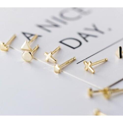 4mm 1pair Cute SMALL Real. 925 Sterling Silver fine jewelry Round Cross Heart Triangle Ear-Bone Piercing Stud earrings Charms