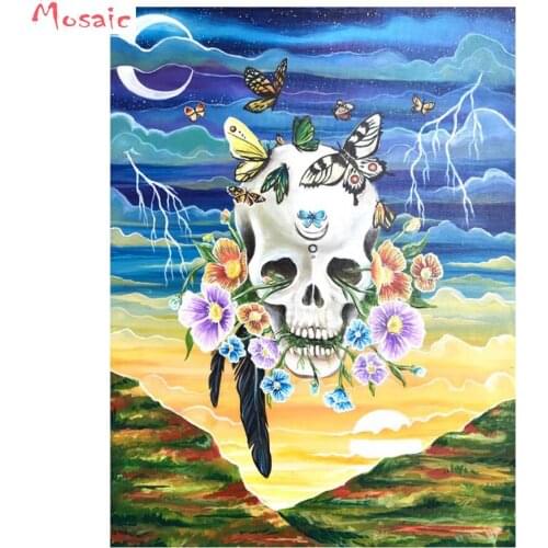 Skull Diamond painting Cross Stitch,flower blue sky,diy 5d Diamond Embroidery full square Rhinestone,Visions,wall painting
