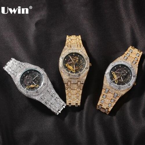 UWIN Hip Hop Full Iced Out Men Watches Stainless Steel Mechanical Luxury Rhinestones Quartz Square Wristwatches Business Watch