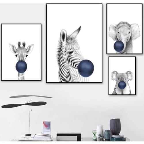 Baby Animal Navy Blue Bubble Poster Nursery Canvas Wall Art Print Zebra Giraffe Painting Nordic Kids Decoration Picture Decor