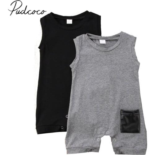 2019 Brand New Cute Toddler Baby Boys Girl Cotton Romper Sleeveless Jumpsuit Pocket Patchwork Outfits Kids Clothes Sunsuit Sets