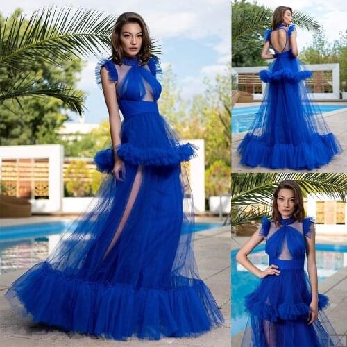 Designer Evening Dresses Custom Made Royal Blue Jewel Neck Tulle Fabric Party Gown Sweep Train Dress