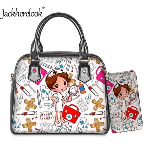 Jackherelook Medical Doodle Print Nurse/Doctor Handbag Clutch Wallet 2pcs/Set Womens Luxury PU Crossbody Bag & Coin Purse bolso