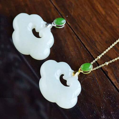 S925 Sterling Silver Inlaid Natural Hetian Jade Longevity Lock Pendant Jasper Pendant Buckle Ruyi Pendant Clavicle Chain Jewelry