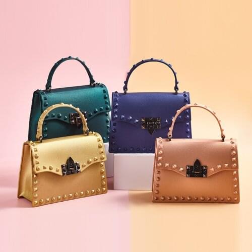 Summer Jelly Bags Retro Rivets Hasp Purses Shoulder Messenger Bags Women Luxury Brand Handbags Pure Color Wild Mobile Phone Bag