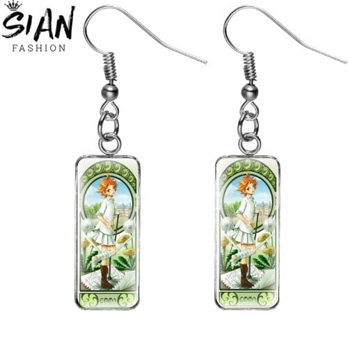 Fashion Anime The Promised Neverland Rectangular Drop Earrings Stainless Steel Glass Cabochon Dangle Earrings Jewelry for Women