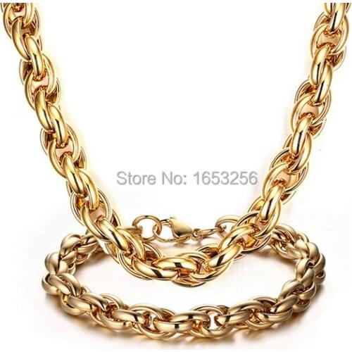 9mm wide Heavy 24k Gold Stainless steel Rope Twist Oval Chain Necklace Bracelet Mens Fashion Jewelry Set for XMAS GIFT