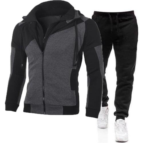 2021 Autumn Winter Mens Warm Tracksuit Hooded Zipper Coat and Sweatpants 2 Piece Sports Suit Workout Sportswear Gym Fitness Set