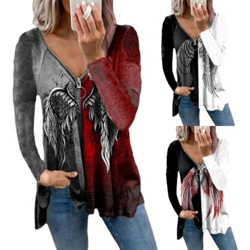 New Autumn Angel Wing Print Long Sleeve Tops Vintage V Neck Zipper Pullover Shirt Casual Loose Plus Size Womens T-shirt