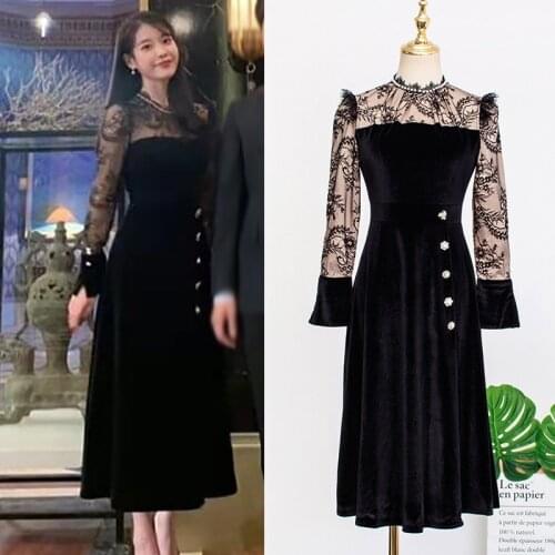 KPOP IU Lee Ji Eun autumn new sexy long sleeved lace velvet splice long high waist dress women party temperament elegant dresses