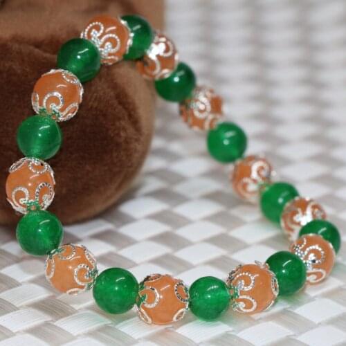 Orange Green 8mm Round Beads Bracelets Jades Stone Chalcedony Natural Stone Silver-color Spacer Exquisite Jewelry 7.5inch B2176