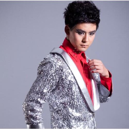 Silver rock men suit designs masculino homme stage costumes for singers men sequin blazer dance clothes jacket style dress slim