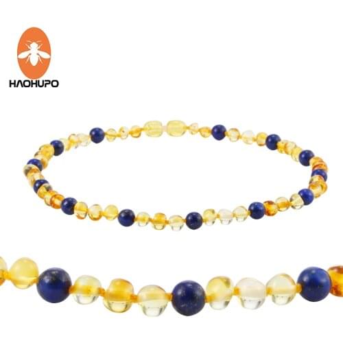 HAOHUPO Amber Teething Necklace with Natural Lapis Lazuli Baltic Amber Beads Baby Adult Custom Jewelry Blue Natural Stone Bijoux