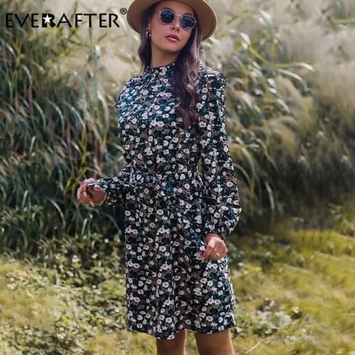 EVERAFTER Bohemian Floral Print Long Sleeve Lace-up Women Dress Autumn Holiday Buttons Green Dress Female Loose Beach Midi Dress