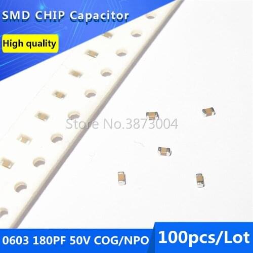 100pcs 0603 180PF 50V COG/NPO 5% SMD Chip Capacitor