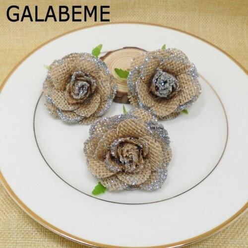 20pcs/lot Natural Jute Burlap Hessian Flower Handmade rustic wedding decor DIY craft supplies vintage wedding decoration