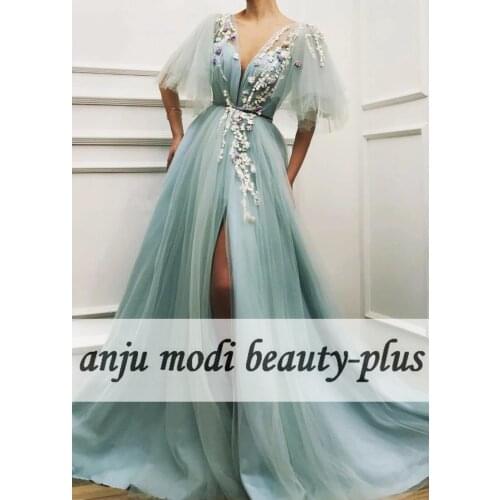 2021 Long Tulle Floral Prom Dresses Sleeveless V Neck Half Sleeves Formal Evening Party Ball Gown Robe De Soiree