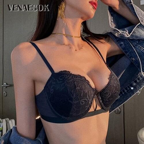 2021 Women Bra Set Sexy Bandage Fashion Underwear Brassiere Deep V Push Up Bra Lace Lingerie Sets Thick Cotton Gather Bras Black