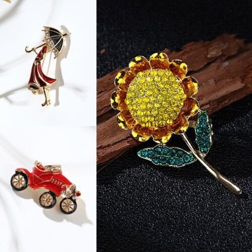 3 Styles Retro Brooch Female Crystal Alloy Badge Pins Red Car Umbrella Girls Yellow Sunflower Shape Brooch Collar Clip For Women