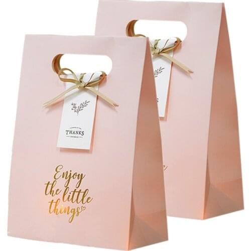 5Pcs Present Bag Candy Food Cookies Packing Paper Bags Handle Paper Kraft Paper Gift Bag With Handles Supplies For Event Party