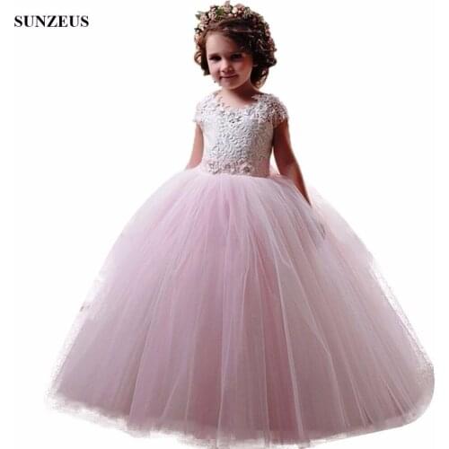 Ball Gown Cap Sleeve Lace Flower Girl Dress Pink Ivory Long Tulle Little Girl Party Gowns vestidos de comunion FLG088