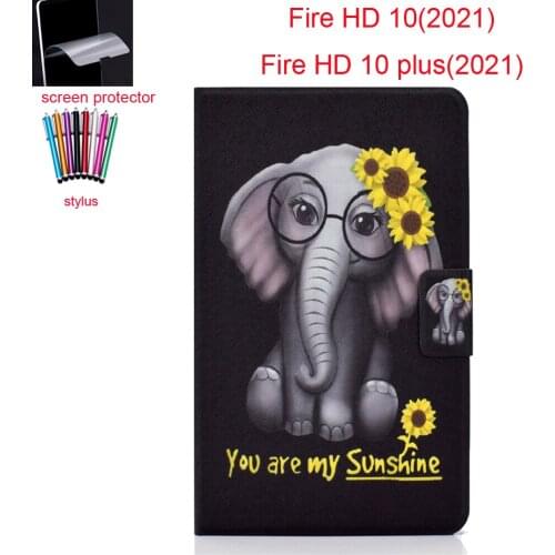 Stand case For Fire HD 10 Plus 2021 Tablet Cover Cute Cartoon PU Leather Tablet 10.1 inch+screen protector+stylus