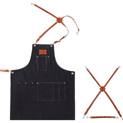 Black Denim Apron Crossback Leather Strap Barista Baker Bartender Uniform Barber Florist Hairdresser Painter Artist WorkWear K9N