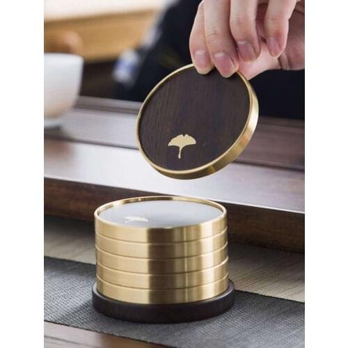 Pure Copper Tea Cup Holder Blackwood Coaster Household Kung Fu Tea Set Tea Ceremony Utensils Heat Insulation Tea Mat 6 Pieces