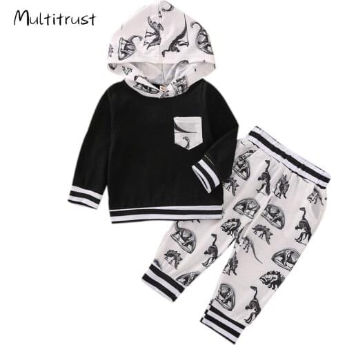 Infant Baby Clothes Outfits 2020 Baby Boys and Girls Black Hooded Long Sleeve Top + White Dinosaur Printed Long Pants