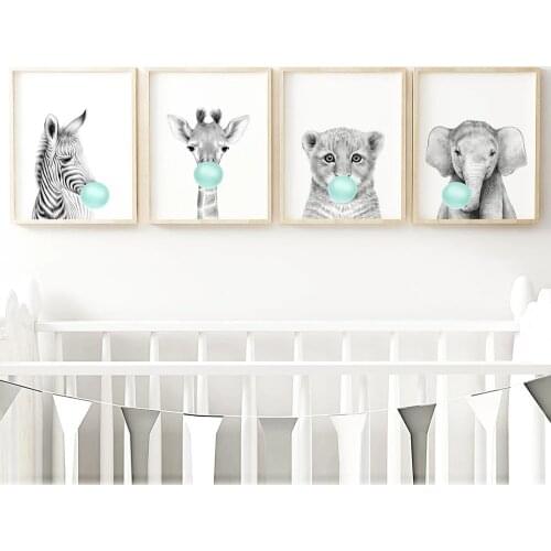 Child Poster Teal Bubble Elephant Giraffe Animal Wall Art Canvas Baby Room Decoration Picture Nursery Print Painting Nordic Kid