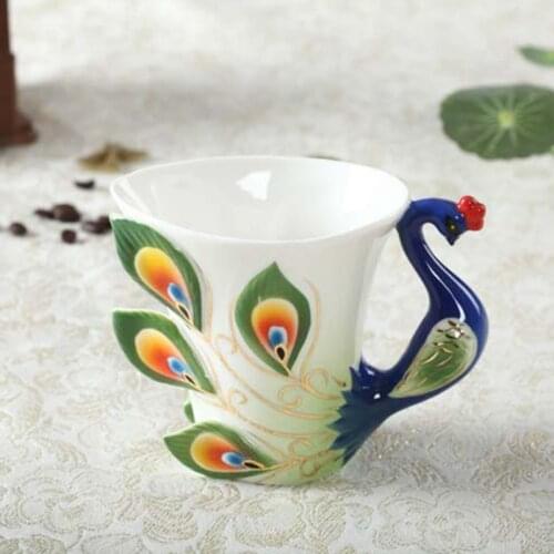 Enamel Porcelain Peacock Coffee Cup and Saucer Set Teacup Mugs Coffee Cups Cute Coffee Mugs