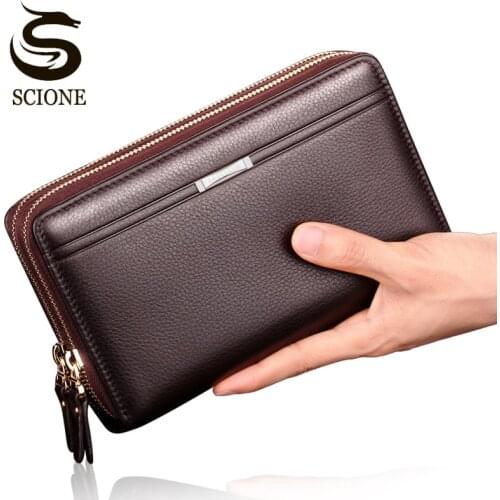 Classic Double Zipper Men Clutch Bags Luxury Mens PU Leather Wallet Male Handbag Long Wallet Purses Solid Black/Brown Clutches