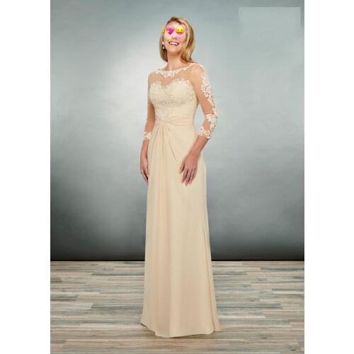 Champagne Lace Appliques Mother of the Bride Dresses 3/4 Sleeves Floor Length See Through Chiffon Abito Mamma Sposa 2020